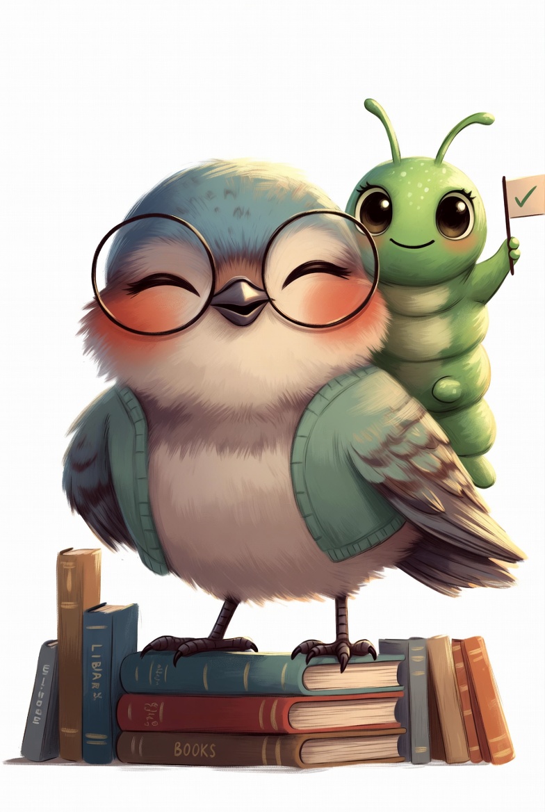 Libby the bookkeeping bird with Bookie the bookworm